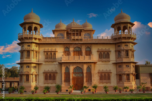 Elegant Rajasthani Palace with Symmetrical Design, Chhatris, and Intricate Carvings, India at Sunrise