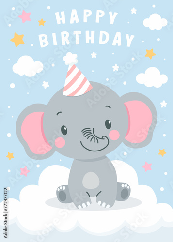Birthday invitation card design with cute elephant and clouds. Vector illustration of template on colorful background. Invitation for children. Ready to use and editable template.