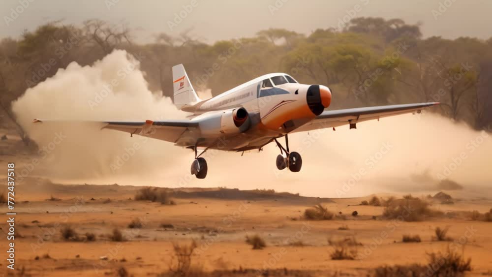 A small plane flies low, skimming over a vast expanse of dirt in this captivating aerial view, Small prop plane landing on a dirt landing strip in Africa, AI Generated A small plane flies low, skimming over a vast expanse of dirt in this captivating aerial view, Small prop plane landing on a dirt landing strip in Africa, AI Generated