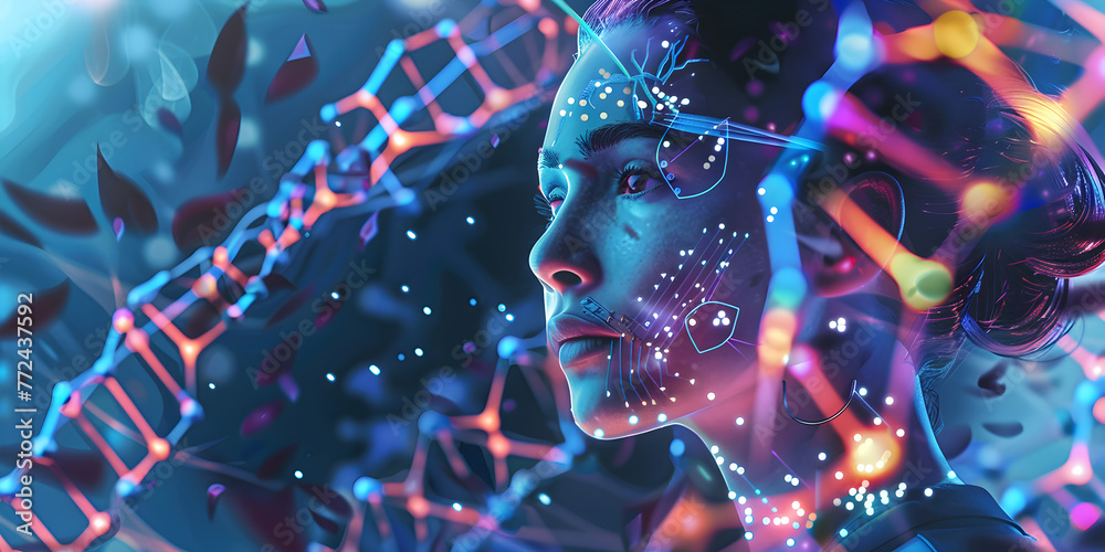 Female scientist explores the intricate details of DNA strands through augmented reality, The womans facial features are highlighted, with the abstract design adding depth to the composition