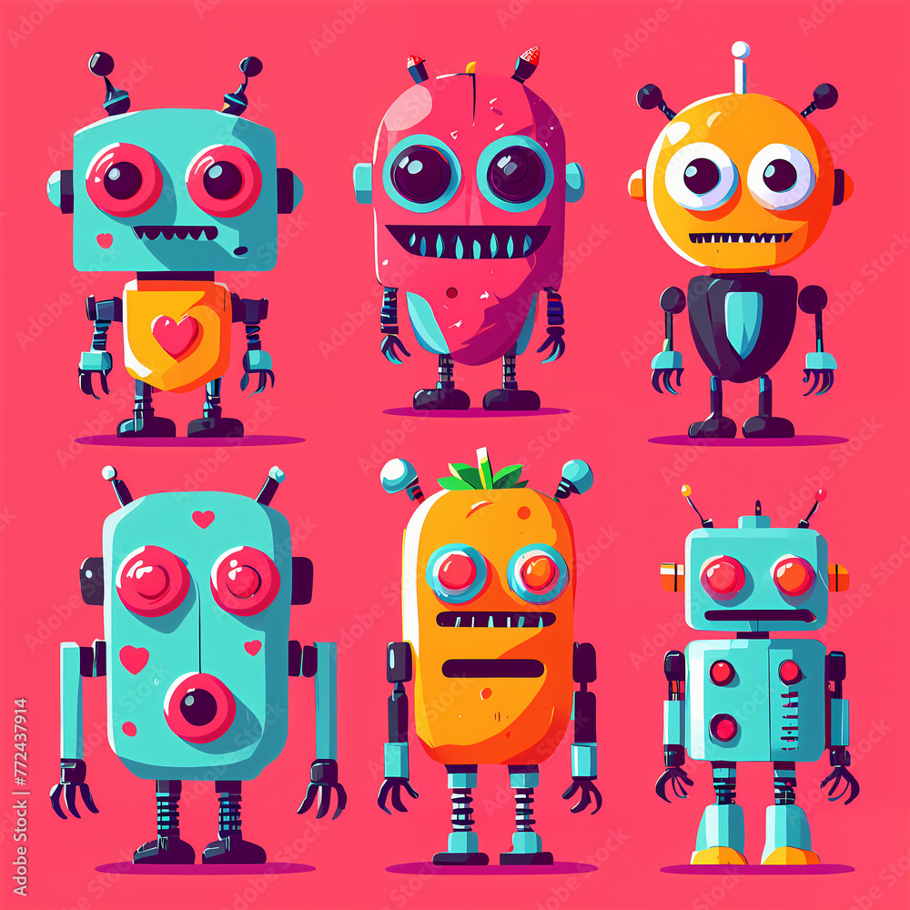 set, Vibrant Flat Design: Playful Exaggerations of Colorful Monsters set, Vibrant Flat Design: Playful Exaggerations of Colorful Monsters