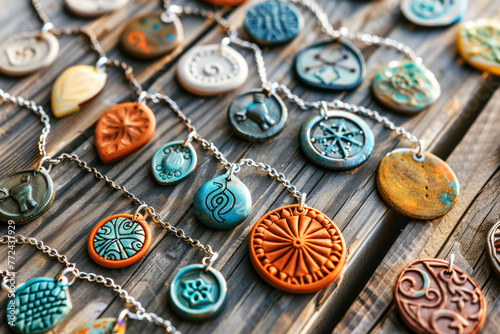 A collection of handcrafted ceramic pendants with intricate patterns, displayed on rustic wooden boards, showcasing artisanal jewelry craftsmanship