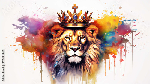 illlustration lion king face , with crown gold , rainbow splash smoke  Generate AI photo