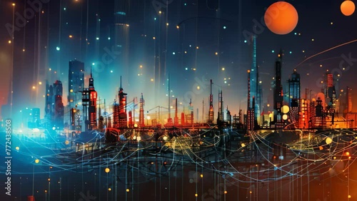 Futuristic industrial city at night with glowing lights. Vector illustration, Abstract visualization of the Internet of Things, AI Generated photo