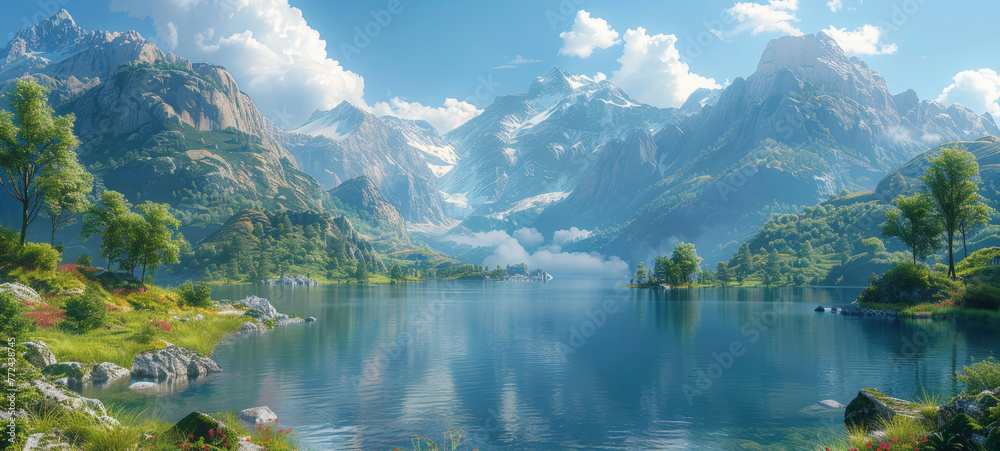 A serene landscape with a crystal-clear lake surrounded by lush greenery and towering snow-capped mountains under a blue sky with fluffy clouds.