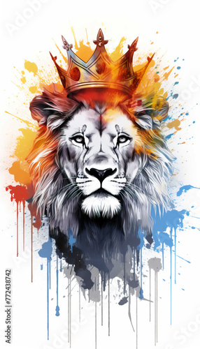illlustration lion king face   with crown gold   rainbow splash smoke  Generate AI