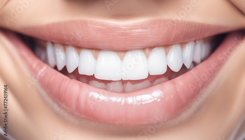 Close-up of a girl's beautiful mouth in a smile with white teeth. Great photography for dentistry. White implants, veneers, straight white teeth. photo