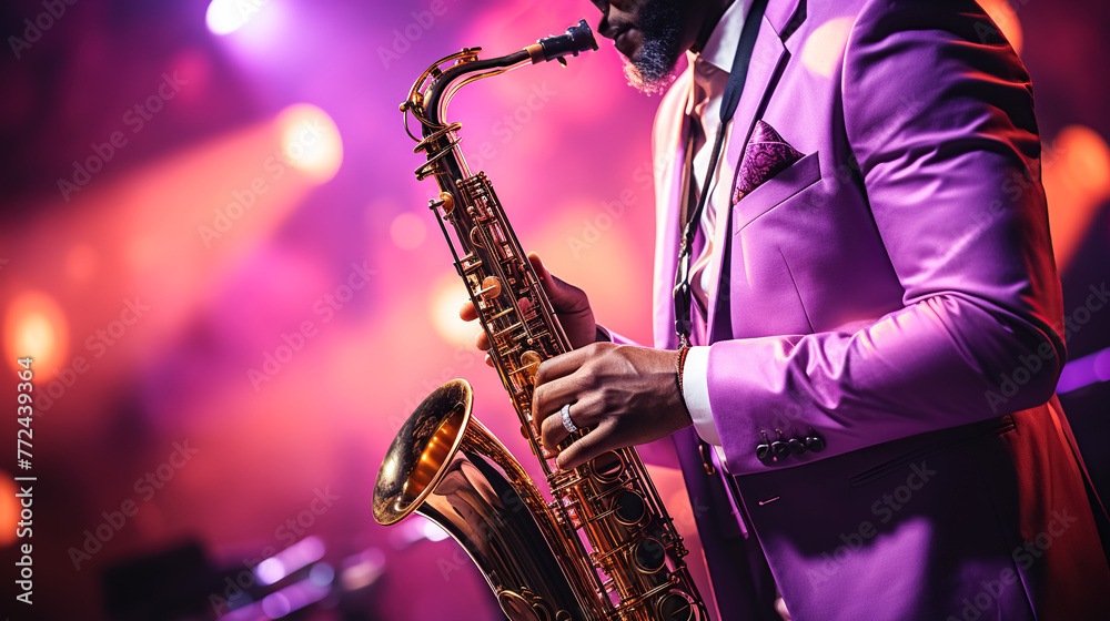 Fototapeta premium A black saxophonist playing jazz music. Close-up of a musician's hands elegantly holding a saxophone, focusing on instrument and details of his violet concert outfit