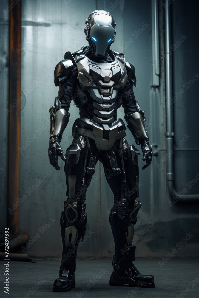 In a futuristic setting, a full-length combat robot with advanced weaponry poses against a dark and apocalyptic backdrop. In a futuristic setting, a full-length combat robot with advanced weaponry poses against a dark and apocalyptic backdrop.