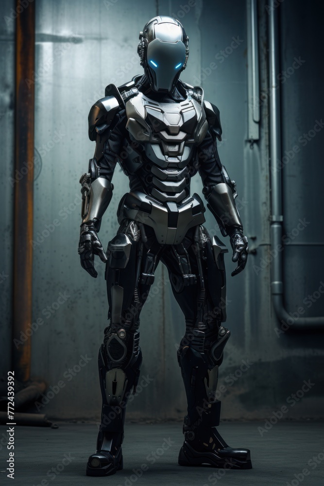 In a futuristic setting, a full-length combat robot with advanced weaponry poses against a dark and apocalyptic backdrop.