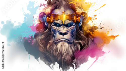 illlustration monkey king face , with crown gold , rainbow splash smoke   Generate AI photo