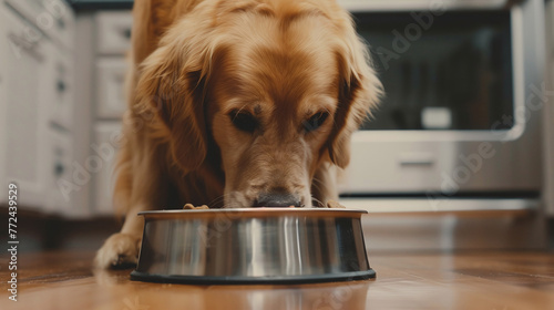 cute golden retriever eating dog food from metal bowl in kitchen 