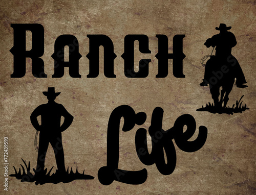 Ranch Life - Cowboy riding horse - Cowboy with lasso and stetson hat - western vector graphics - ideal as a sign, presentation, banner, sign, plaque, sticker, cricut, sublimation	
