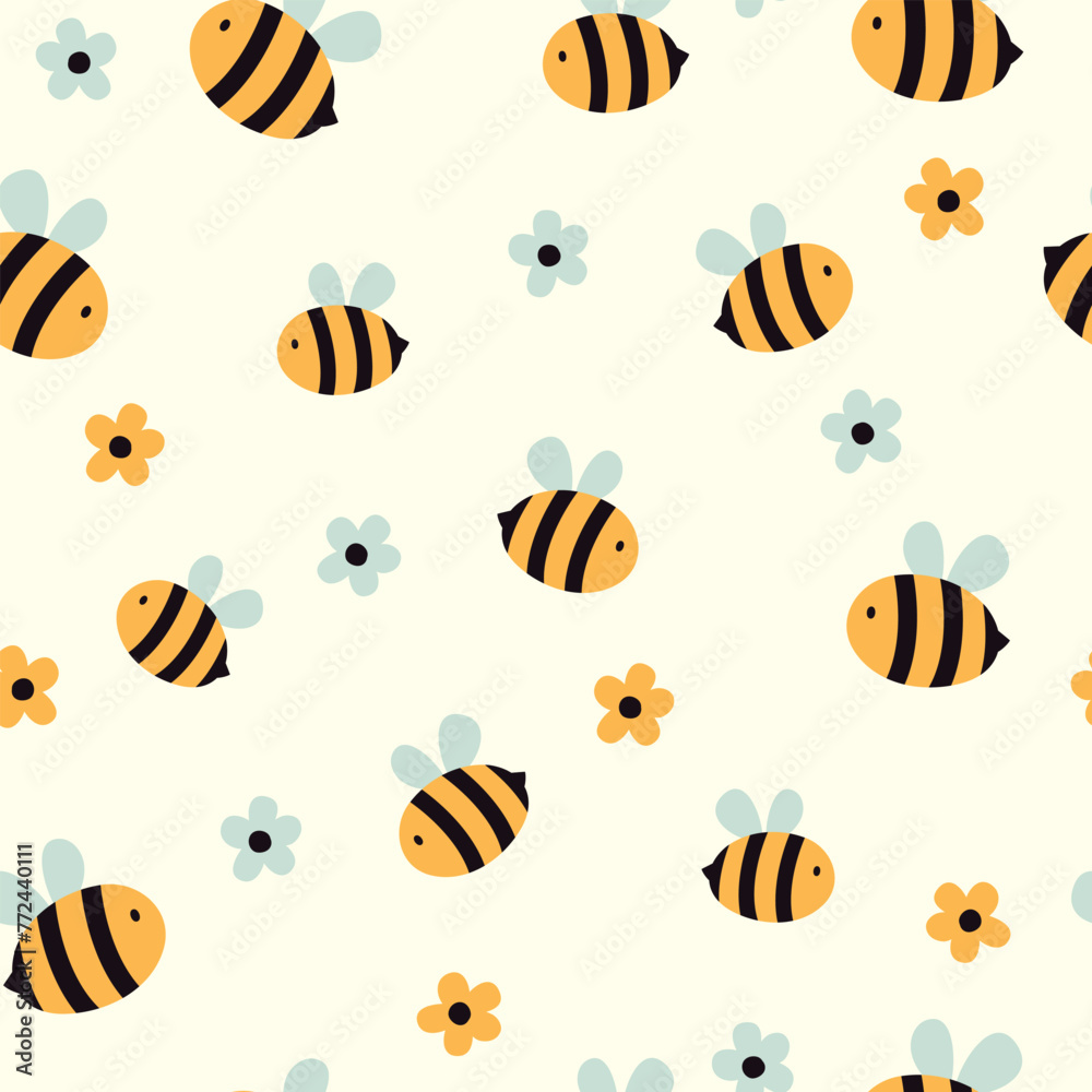Seamless pattern with bee and daisy. Childish background. Vector illustration. It can be used for wallpapers, wrapping, cards, patterns for clothes and others. - obrazy, fototapety, plakaty 