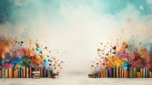 Colorful balloons and stalk of books on both sides
