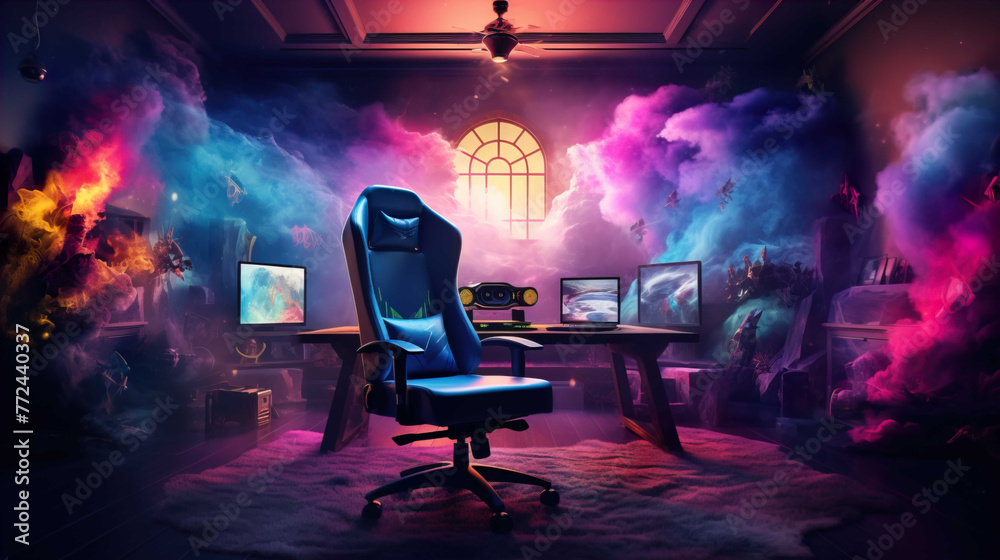 Spacious gamer room with full luxury PC gear with wide screen, soft chair, full RGB   Generate AI