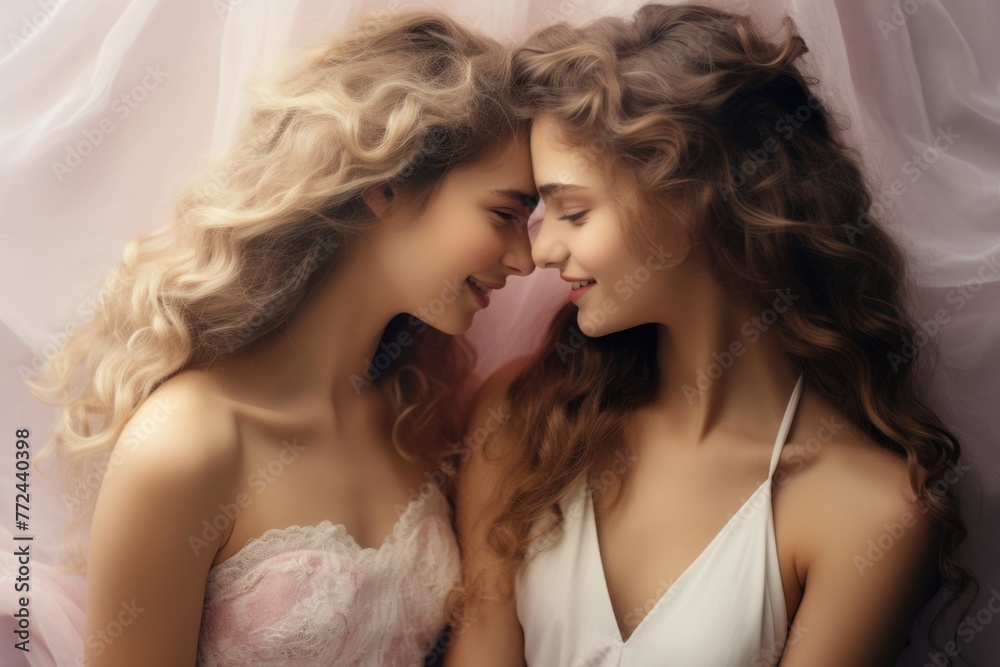 Love in the air-two happy girls, embracing with excitement, eagerly awaiting a kiss, capturing the essence of romance. Concept: love for Valentine's Day and LGBT. Love in the air-two happy girls, embracing with excitement, eagerly awaiting a kiss, capturing the essence of romance. Concept: love for Valentine's Day and LGBT.