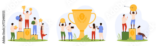Winners prize for success victory in business competition set. Tiny people on podium celebrate achievement of first place with gold cup trophy and target with arrow cartoon vector illustration