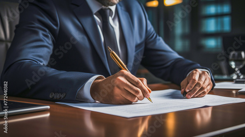 Businessmen in suit signing paper document with pen, generative ai