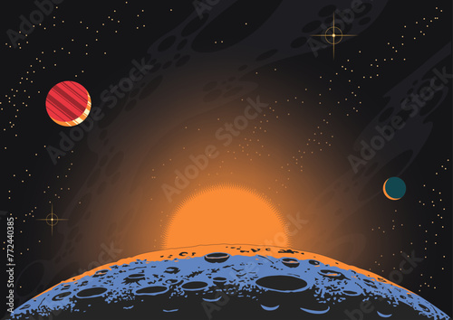 Planet Orbit Space Illustration, Eclipse, Planets, Asteroid, Deep Space Vector Art 