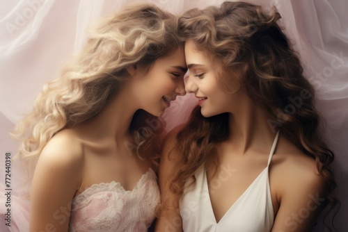 Love in the air-two happy girls, embracing with excitement, eagerly awaiting a kiss, capturing the essence of romance. Concept: love for Valentine's Day and LGBT.