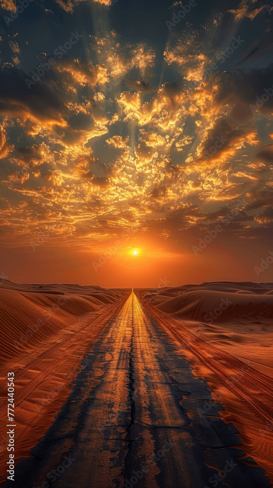 Endless Desert Road Vanishing Poin, road adventure, path to discovery, holliday trip, Aerial view