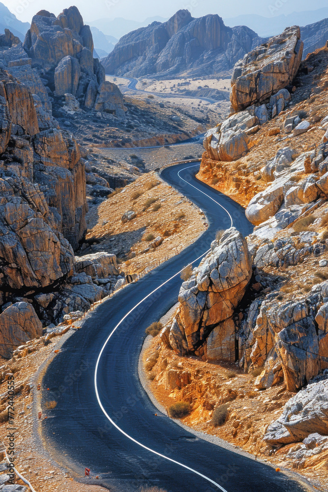 Desert Highway Serpentine Roadway, road adventure, path to discovery, holliday trip, Aerial view
