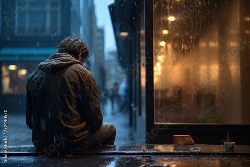 In the night rain, a stressed and unhappy individual sits on a wet street, facing the transparent problems of homelessness and unemployment.