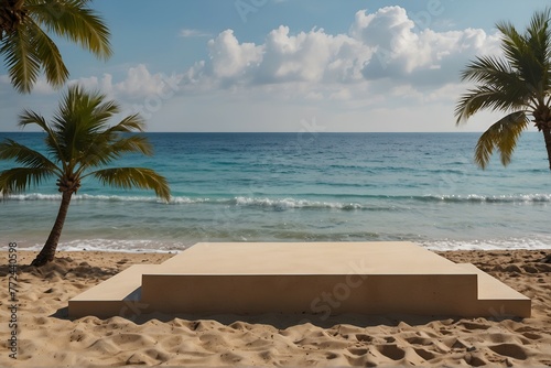 Beach podium background product summer sand display stand sea cosmetic. Product summer background podium beach sky scene presentation platform nature blue pedestal beauty water mockup stone palm sun.