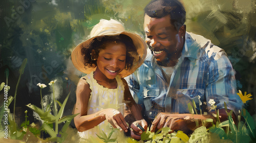 Painted illustration african american father & daughter gardening. Father's Day concept. Black family spending time together outside in the garden, dad & child bonding in nature planting flowers. 