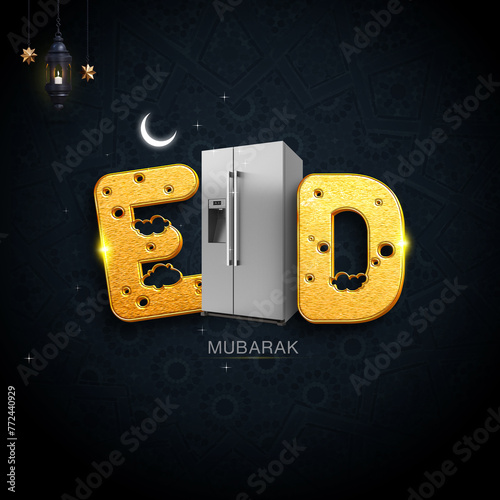 3d refrigerator and typo represnt muslim festival eid. Eid Mubarak. 3d illustration. photo