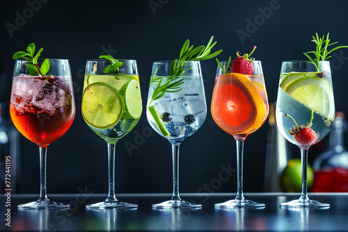 Five stemware glasses showcasing gin and tonic variations infused with different flavors. photo