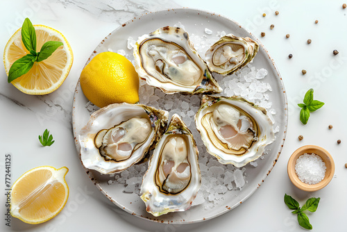  A plate of raw oysters on ice with lemon wedges and herbs, a seafood delicacy.