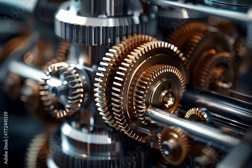 Close-up of metallic gears and auto parts. A stunning macro photograph of automotive gears