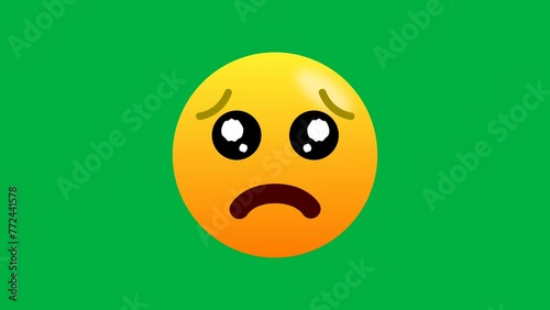 Crying and sad face emoji animation on green screen. Crying face with tearful eyes emoji on green screen.