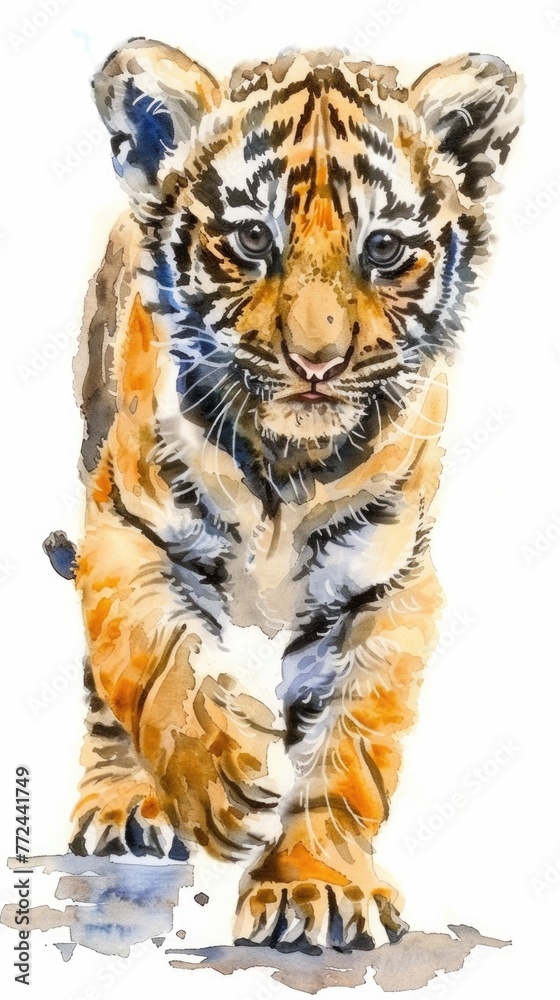 Obraz premium Brighteyed watercolor tiger cub, in a playful stance, painted on a white background
