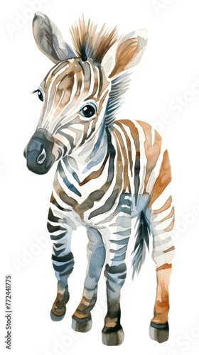 Charming watercolor zebra foal  stripes blending softly  on a crisp white background