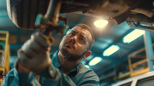 A male auto mechanic repairs the undercarriage of a car from below.