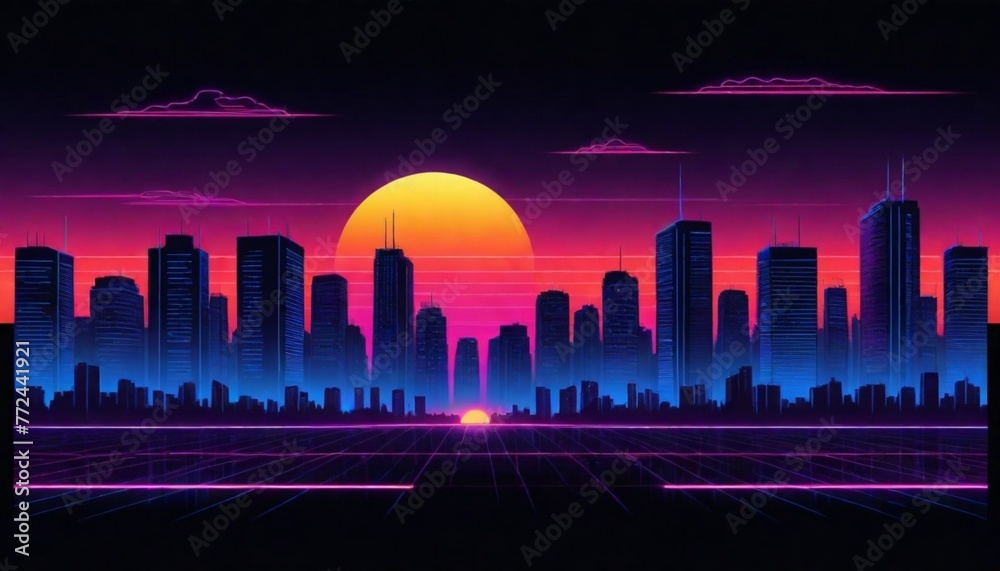 digital painting A retro sunset cityscape with sil (5)