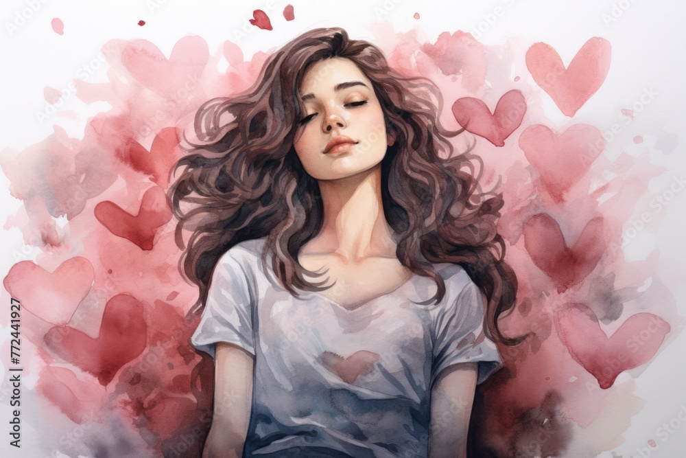 An elegant woman with closed eyes graces a watercolor portrait, surrounded by a textured background of artistic floral elements. Valentine's Day holiday.