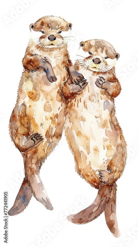 Joyful otters in watercolor, holding hands while floating, on a white background