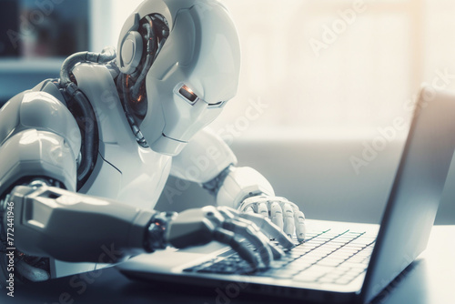 White humanoid robot operating a laptop, generative ai
