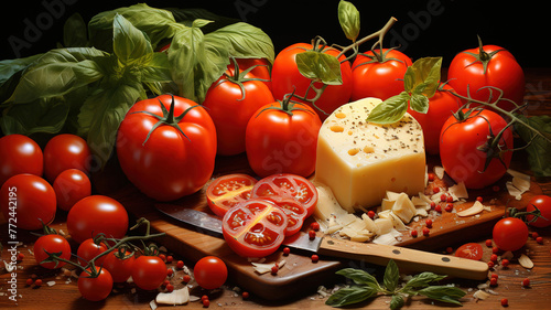 Tomatoes with a cutting board with cheese, pasta and spices © Mukhlesur