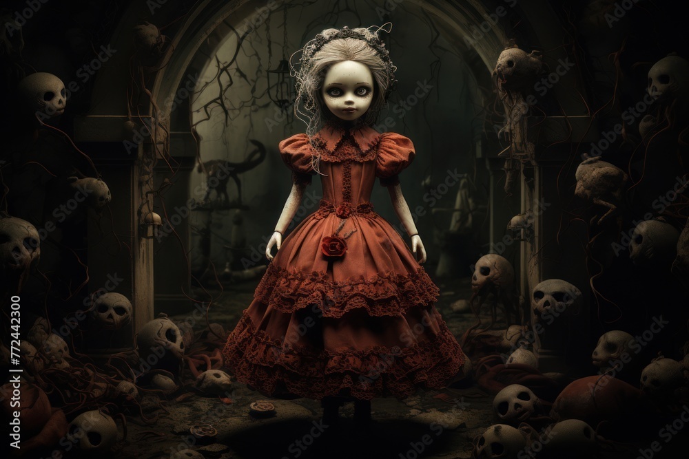 Horror doll: a girl doll dressed as a creepy zombie in a ruinous setting.