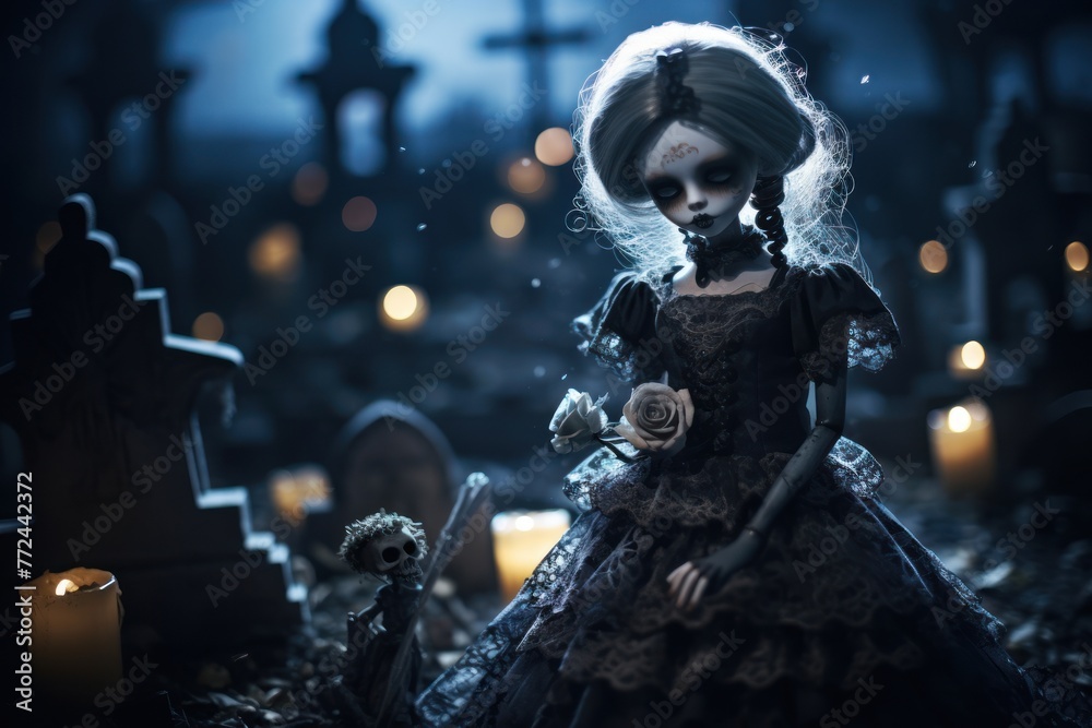 Halloween horror: a female doll with skull makeup in a cemetery setting. Halloween horror: a female doll with skull makeup in a cemetery setting.