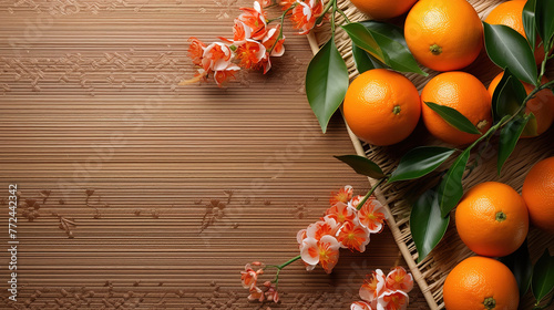 Top view of tangerines and traditional chinese decorations on bamboo mat © Mukhlesur