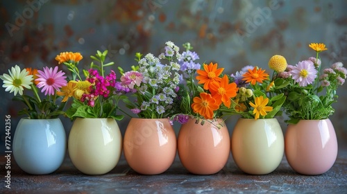 Row of Vases With Different Flowers