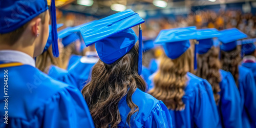 A congregation of graduates in blue caps and gowns marks a significant life milestone photo