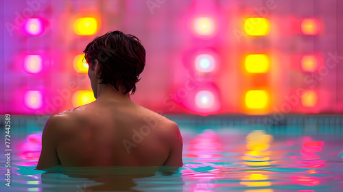 Back view of a man in a pool with vibrant, colorful light reflections dancing on the water. Summer Seduction: Poolside Aesthetics. Sultry Swim: The Allure of the Summer Pool. Naked man at the pool 