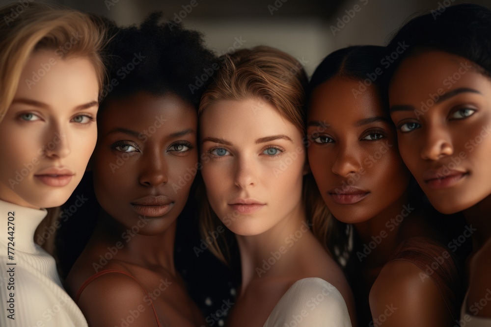 Empowering image: females from diverse backgrounds, confidently standing together on black.